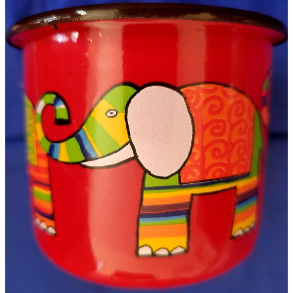 NWOT Smaltum Czech Enamel Cup Colorful Elephants on Brilliant Red Metal Mug READ